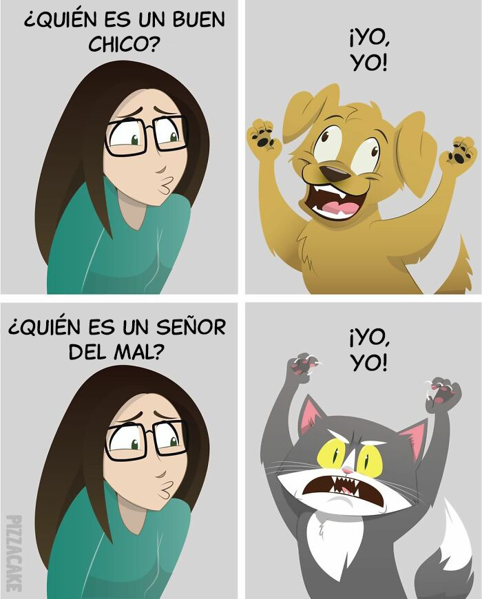 Dibujo cómico de PizzaCake con mujer, perro feliz y gato carismático para ilustrar humor y situaciones cotidianas.