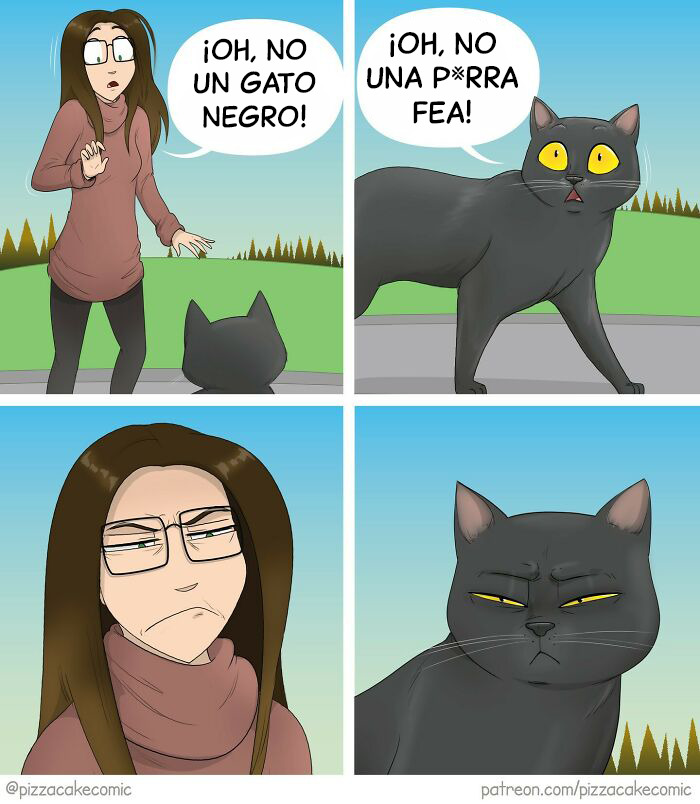 Cómic de PizzaCake con mujer y gato negro en situaciones divertidas y expresivas al aire libre.