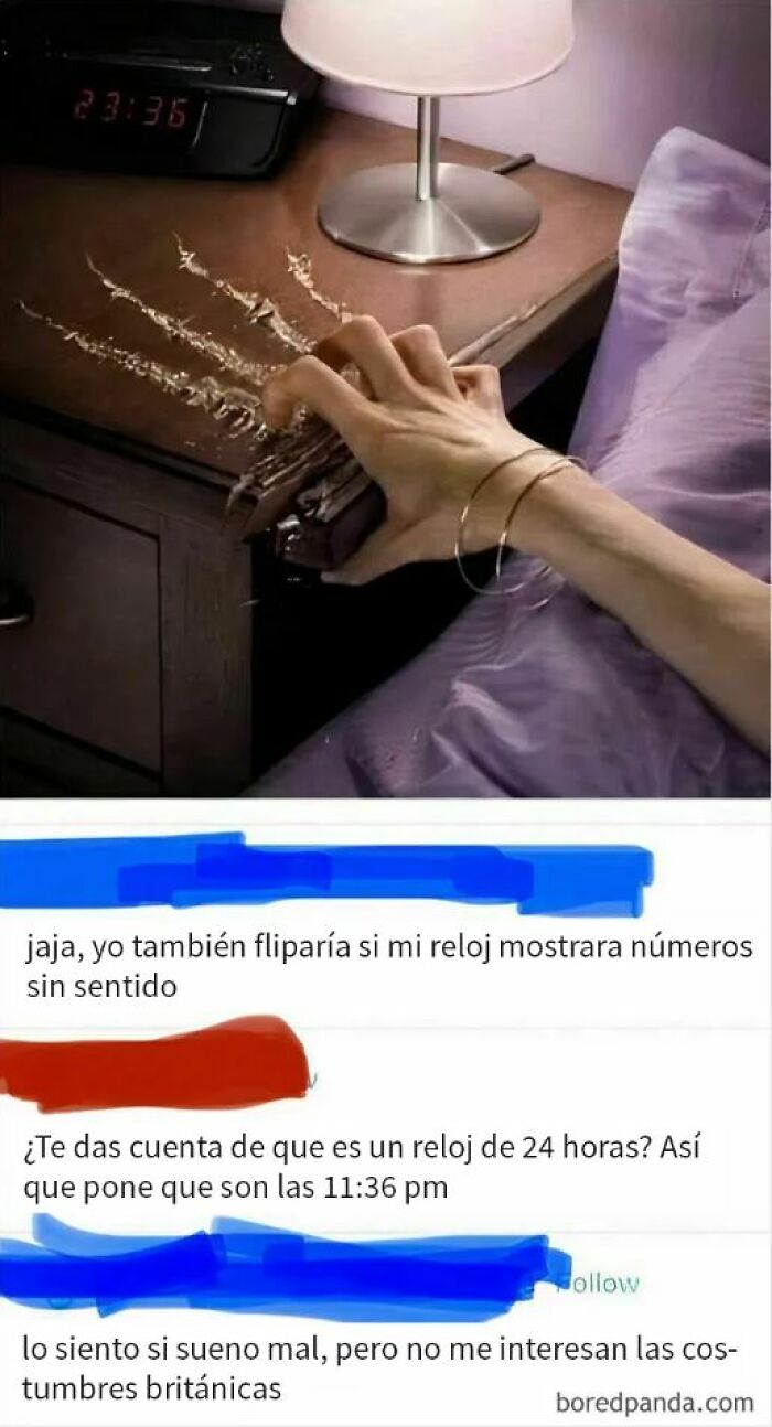 Mano arañando mesa por confusión con reloj de 24 horas, imagen de estadounidenses avergonzándose en línea.