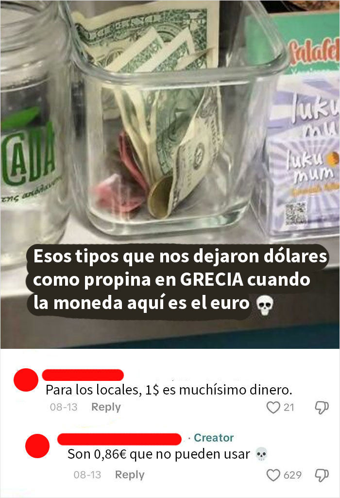 Billetes de dólar como propina en Grecia, confusión común en estadounidenses según capturas divertidas en internet.
