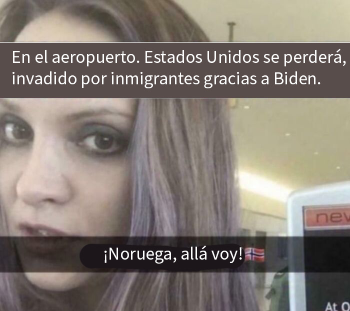 Mujer en aeropuerto mostrando comportamiento vergonzoso de americanos en línea sobre inmigración y política.