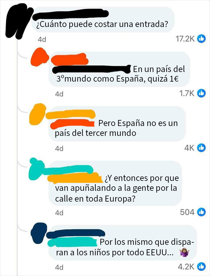 Conversación online con estadounidenses avergonzándose por ignorancia sobre España en redes sociales.