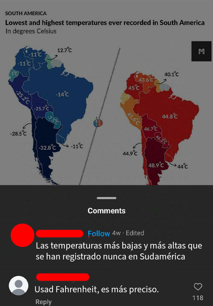 Captura de pantalla de discusión en línea sobre sistema imperial y métrico, mostrando errores de lógica y confusión entre usuarios americanos.