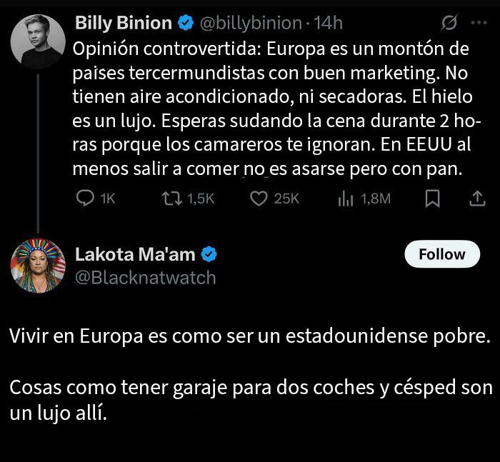 Comentario en redes sobre la contradicción entre europeos y estadounidenses, con Americans embarrasing themselves online destacado.