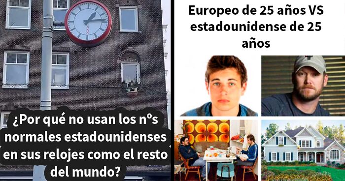 Relojes con nu00fameros inusuales y diferencias culturales entre ju00f3venes europeos y estadounidenses reflejando ignorancia estadounidense.