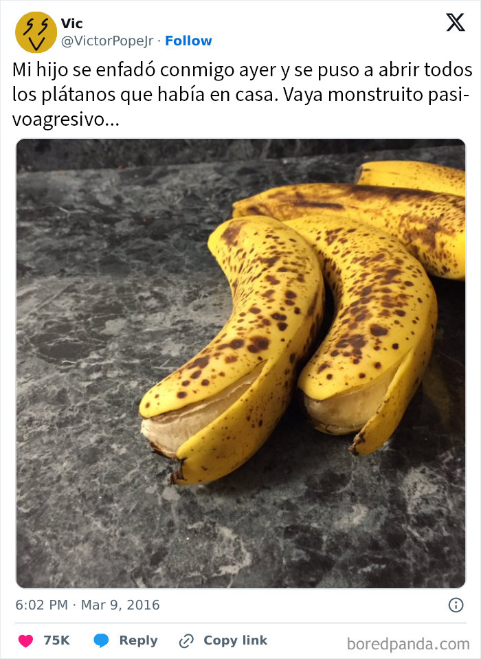 Bananas parcialmente peladas en la encimera como ejemplo de venganza pequeña y satisfactoria compartida en línea.