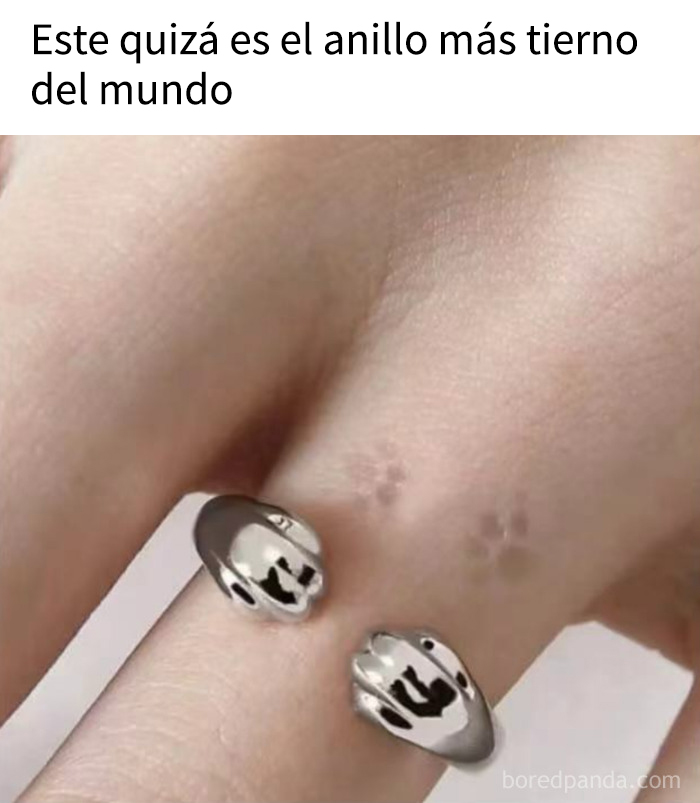 Anillo plateado en forma de gato con huellas de patas en la piel, mostrando humor y creatividad humana.
