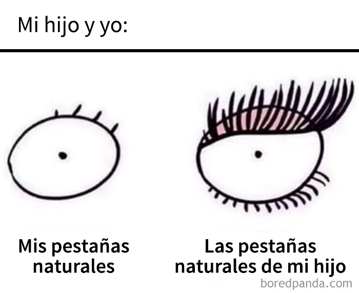 Dibujo humorístico que compara las pestañas naturales de un padre y su hijo en posts divertidos sobre humanidad.
