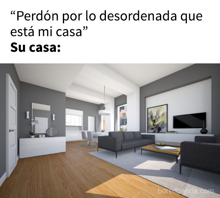 Sala de estar moderna y ordenada que ilustra publicaciones divertidas sobre la humanidad y su célula cerebral colectiva.