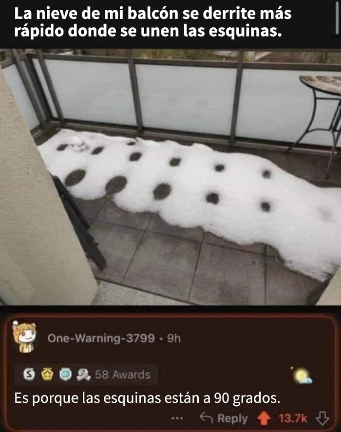 Nieve en balcón derritiéndose más rápido en esquinas de baldosas, ejemplo de posts hilarantemente estúpidos para upvotes enojados.
