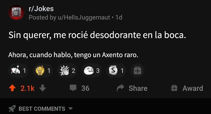 Publicación divertida en Reddit con comentario sobre un error gracioso relacionado con desodorante en la boca.