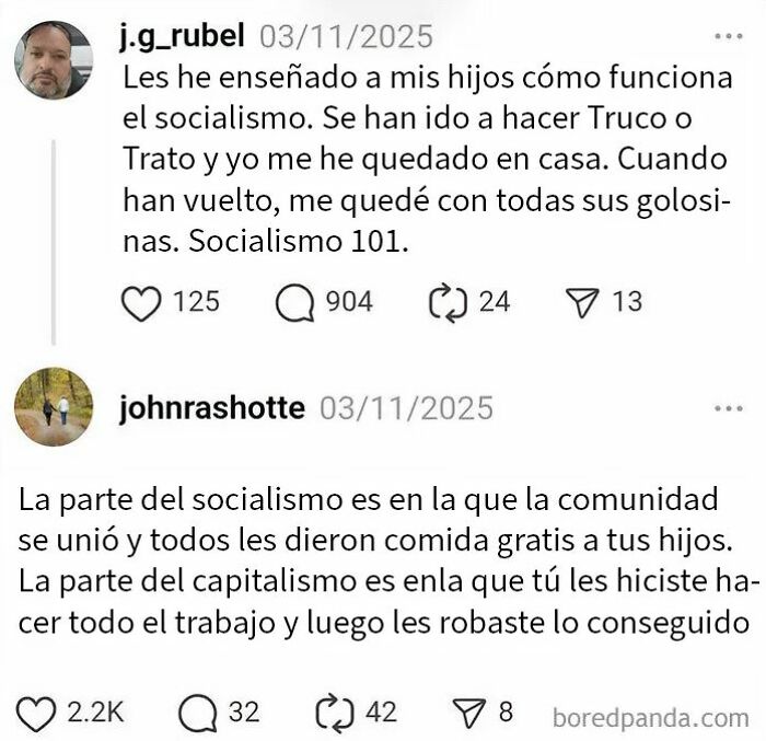 Intercambio en redes sociales sobre socialismo y capitalismo que parece inocente pero tiene un mensaje profundo y crítico.