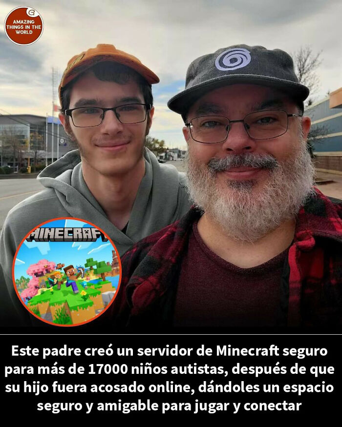 Hombre con barba y joven con gafas sonríen tras crear servidor seguro de Minecraft para niños autistas.