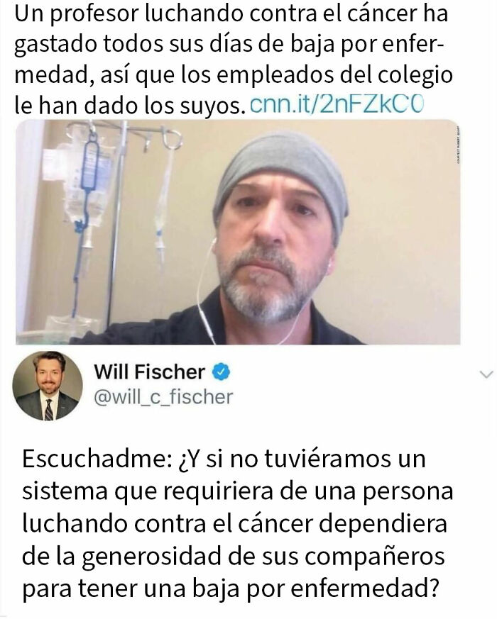 Hombre con cáncer en hospital reflexionando sobre generosidad y sistema de días por enfermedad en publicaciones virales.