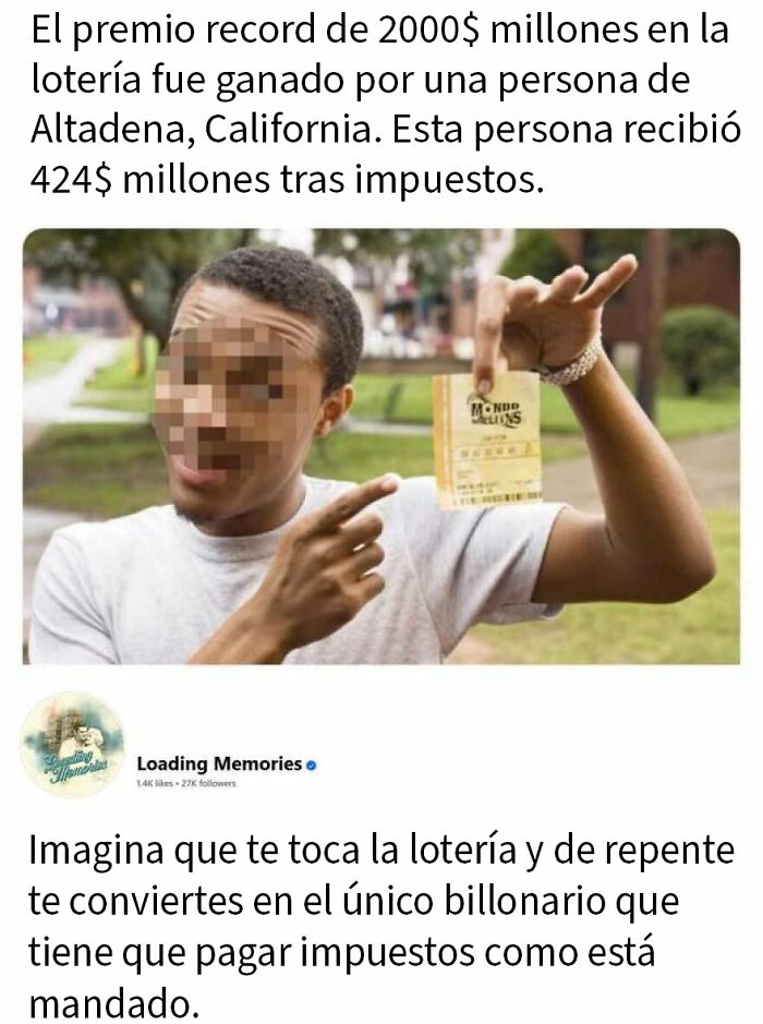 Persona con rostro pixelado sostiene boleto de lotería ganadora, ilustrando posts que parecían wholesomas pero revelan otra realidad.