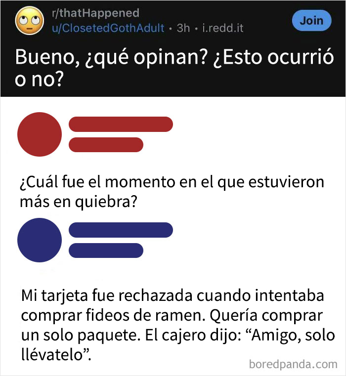 Publicación en Reddit cuestionando si una historia verdadera de dificultades económicas es real o mentira en redes sociales.