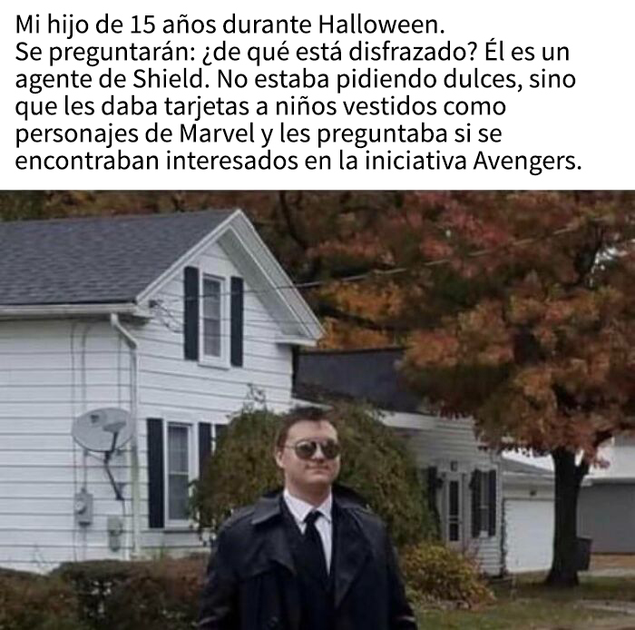 Hombre vestido como agente de Shield repartiendo tarjetas a niños disfrazados, llamado a la verdad en historias online.