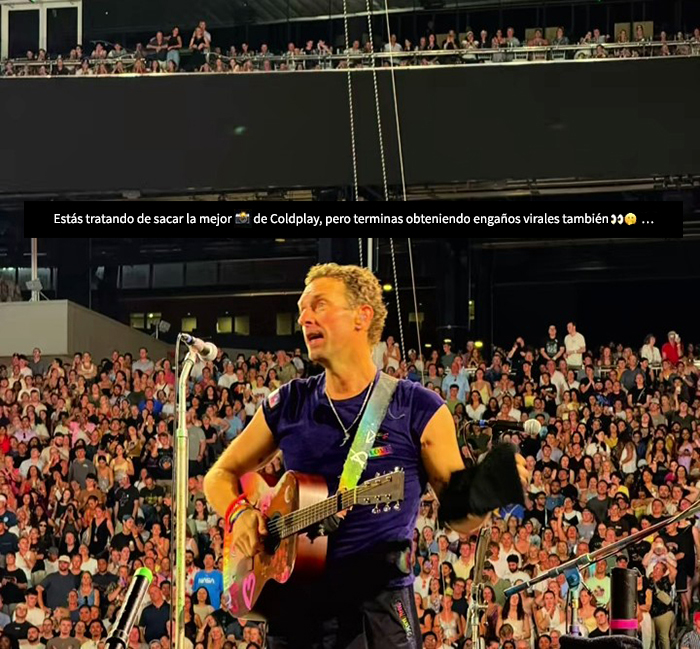 Cantante de Coldplay en concierto frente a una gran multitud, mientras la ejecutiva de recursos humanos aparece en la Kiss Cam.
