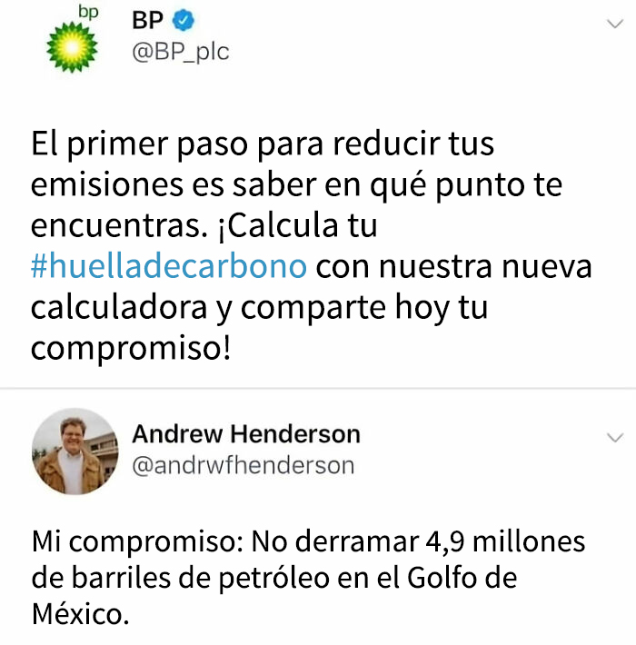 Error de empresa en redes sociales mostrando promesa irónica relacionada con la huella de carbono y derrame de petróleo.