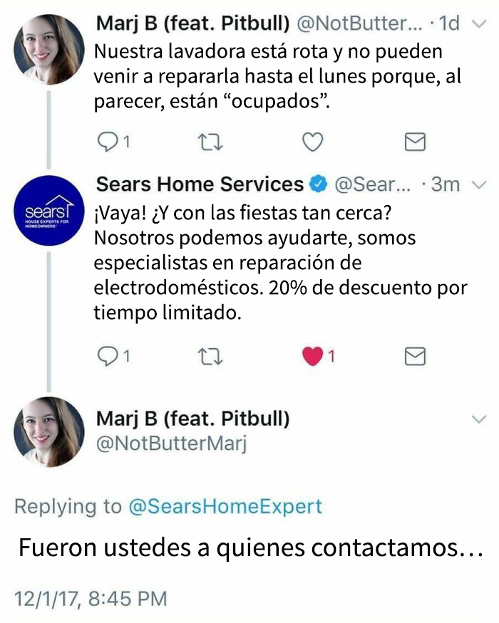 Intercambio en Twitter mostrando un error de redes sociales de empresa que causó confusión y dejó a usuarios facepalmeando online.