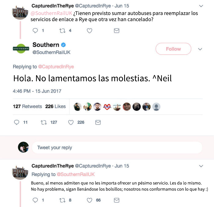 Intercambio de tweets entre usuario y empresa mostrando un fallo de redes sociales que causó indignación online.