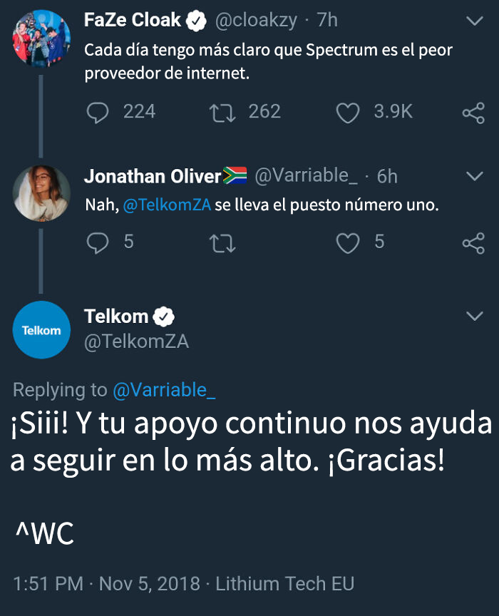 Conversación en Twitter mostrando un fallo de empresa en redes sociales con respuestas contradictorias sobre proveedores de internet.