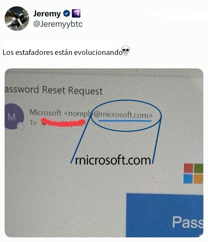 Usuario de Twitter mostrando un correo falso con dominio malicioso, humor sobre posts divertidos y estafadores evolucionando.