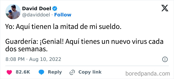 Tuit humorístico sobre padres dando la mitad de su salario y guarderías con nuevos virus, memes de crianza divertidos.