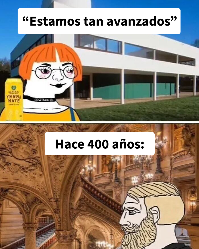 Meme absurdo con personajes discutiendo avances modernos frente a arte y arquitectura histórica.