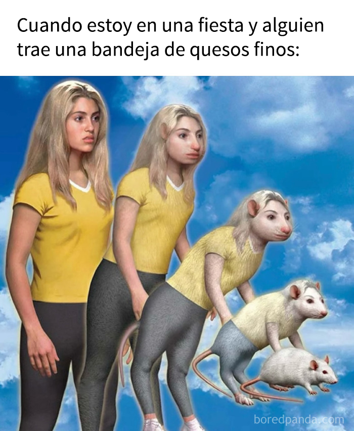 Meme absurdo mostrando evolución de mujer a rata en camiseta amarilla, destacando humor y arte de memes absurdos.