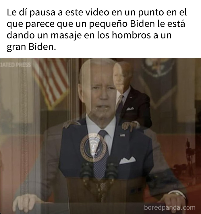 Memes absurdos muestran a un Biden pequeño dando masaje en hombros a un Biden grande en un montaje casi arte de performance.