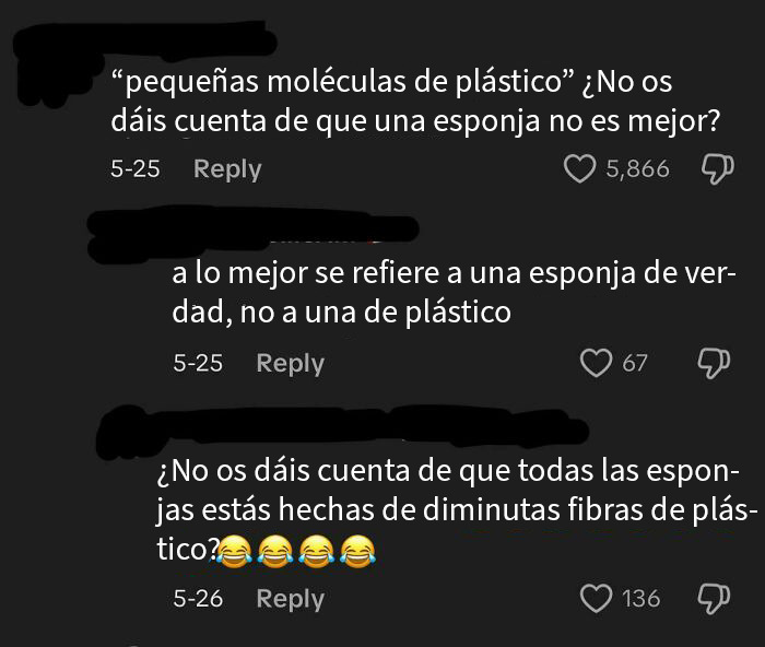 Captura de pantalla de comentarios que muestran confusión y errores en publicaciones online sobre espumas y moléculas plásticas.