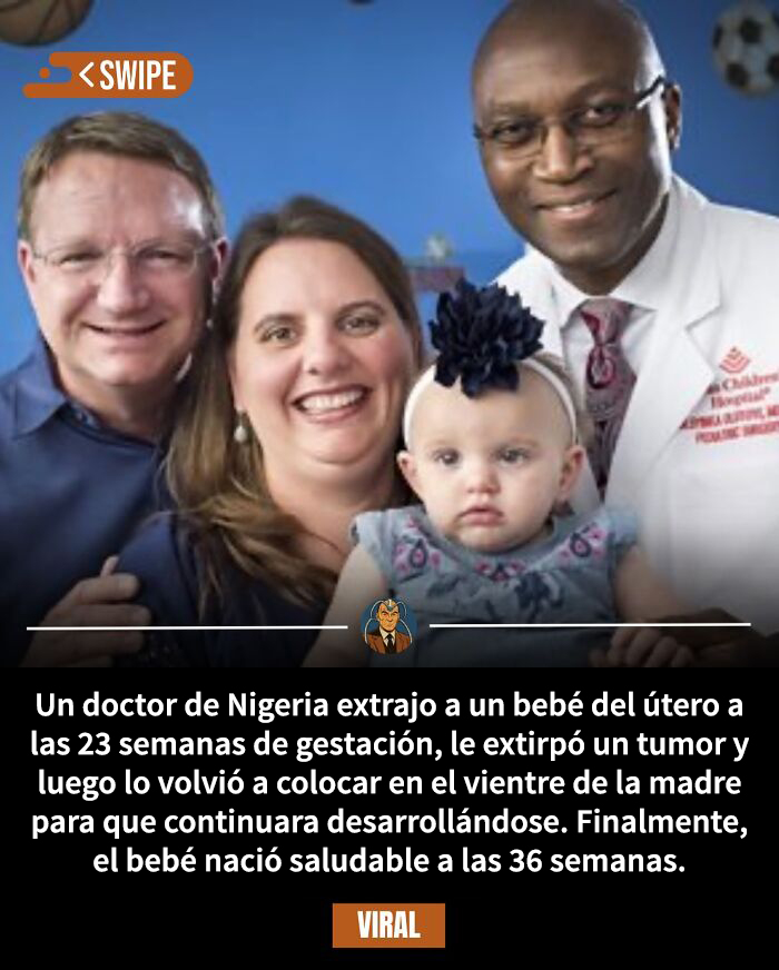 Doctor nigeriano con bebé sano tras operación prenatal, relacionado con historias impactantes sobre bebidas energéticas.