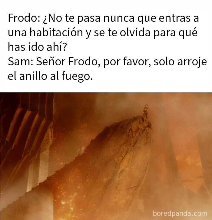 Memes de El Señor de los Anillos con diálogo entre Frodo y Sam sobre el anillo y el fuego en escena de película.