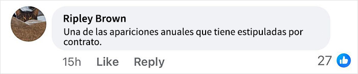 Comentario de Ripley Brown en redes sociales sobre apariciones anuales y contrato, relacionado con actitud navideña de Melania Trump. Comentario de Ripley Brown en redes sociales sobre apariciones anuales y contrato, relacionado con actitud navideña de Melania Trump.