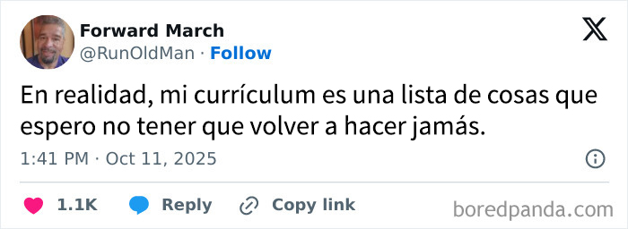 Tuit humorístico que entrega dopamina instantánea con una lista divertida de cosas que no quiere volver a hacer.