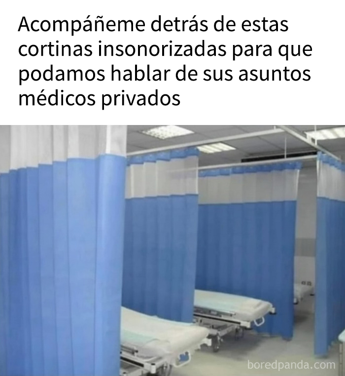 Cortinas insonorizadas en hospital con camas, memes que entregan dopamina instantánea para entretenimiento rápido.