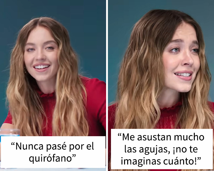Sydney Sweeney hablando sobre su belleza natural y rechazo al quirófano en una entrevista con fotos de antes y después.