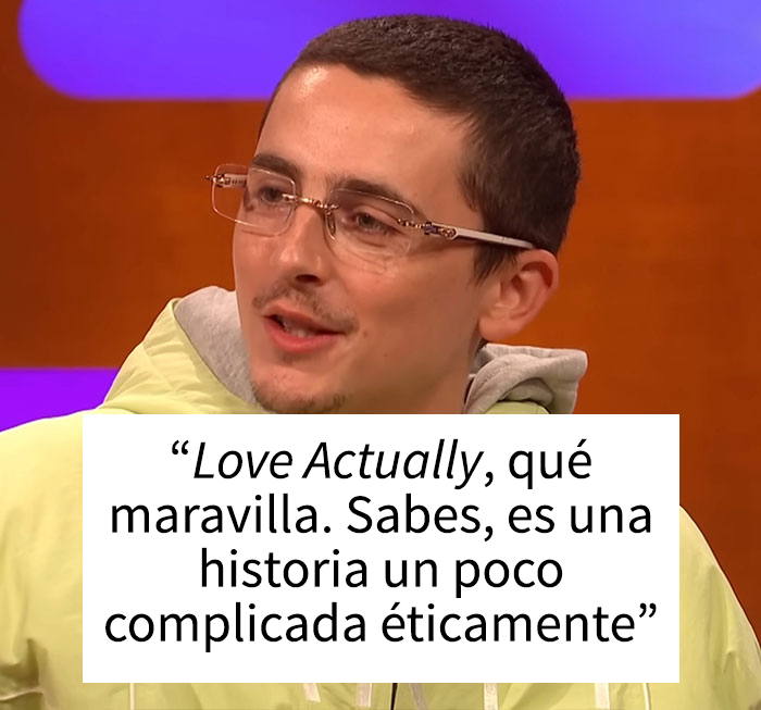 Actor Timothée Chalamet en entrevista hablando sobre Love Actually y comentarios éticos de Emma Thompson corrigiendo a los chicos.