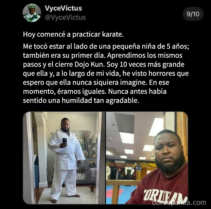 Tuit sobre humildad y karate que refleja la empatía en un mal día, acompañado de imágenes inspiradoras y memes positivos.