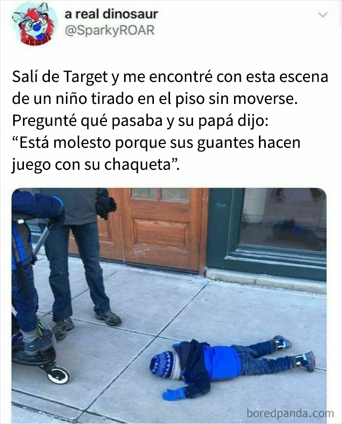 Niño tirado en el suelo molesto porque sus guantes combinan con su chaqueta, memes conmovedores para un mal día.