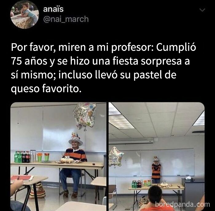 Profesor celebrando sus 75 años con una fiesta sorpresa y pastel, imagen que representa memes tiernos para un mal día.