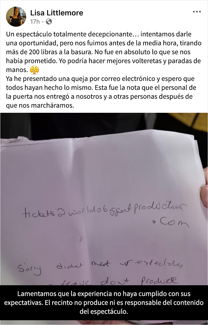 Foto de una nota de disculpa tras función de El mago de Oz que indignó al público y causó abandono masivo de espectadores.