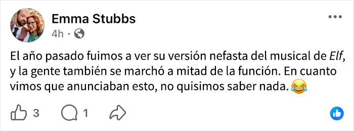 Captura de comentario en Facebook sobre función de El mago de Oz que provocó abandono masivo de espectadores.