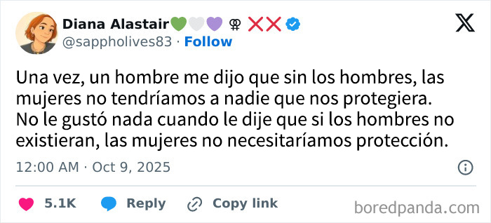 Tuit de mujer usando humor agudo para responder a comentario sobre protección, ejemplo de cómo mujeres callan hombres con humor.