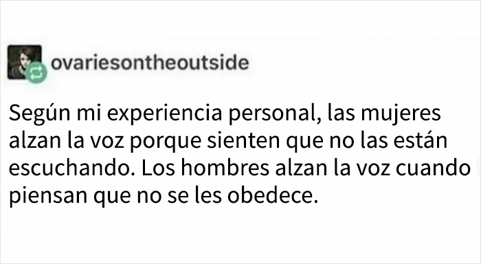 Mensaje humorístico sobre cómo mujeres y hombres elevan la voz, relacionado con humor y situaciones de mujeres que callan hombres.