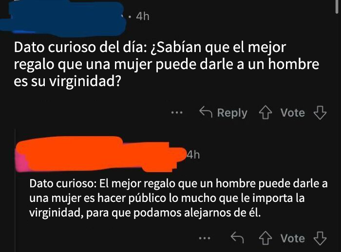 Conversación en redes donde una mujer usa humor afilado para responder a un comentario sobre la virginidad y cerrar la discusión.