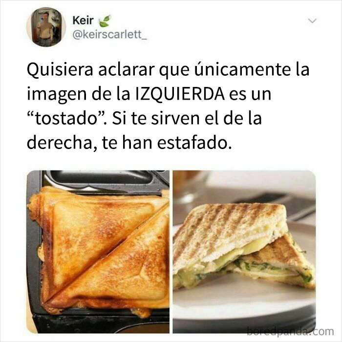 Memes divertidos de comida con sándwich tostado bien hecho y comparación con sándwich poco hecho en imagen lado a lado.
