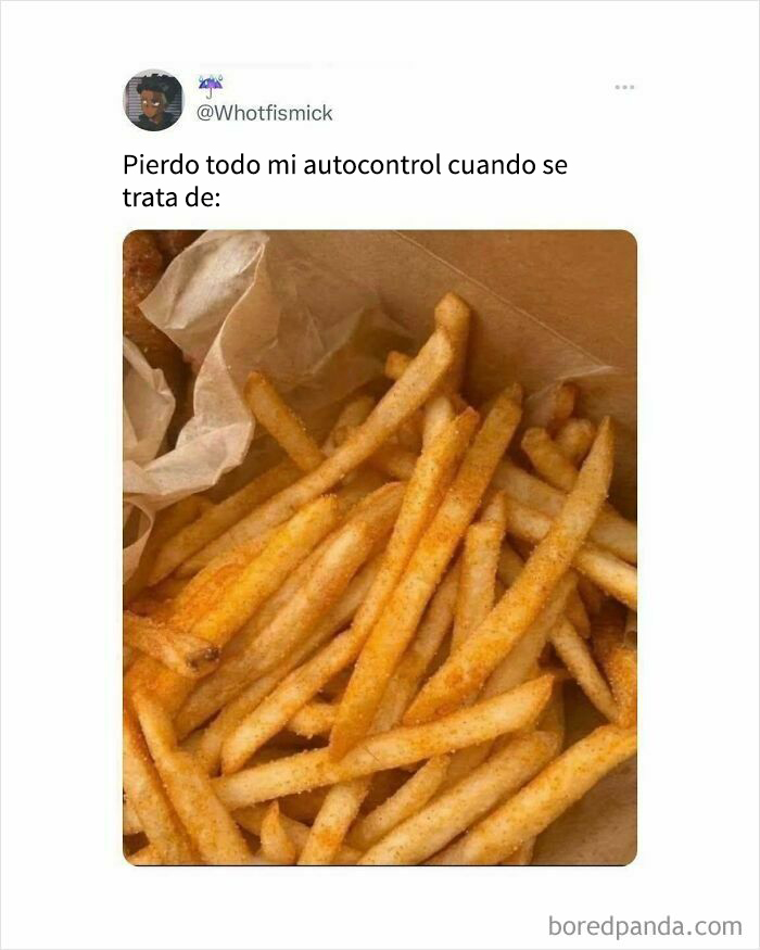 Persona comparte meme sobre control de sí mismo perdido frente a papas fritas, meme divertido y comida deliciosa.