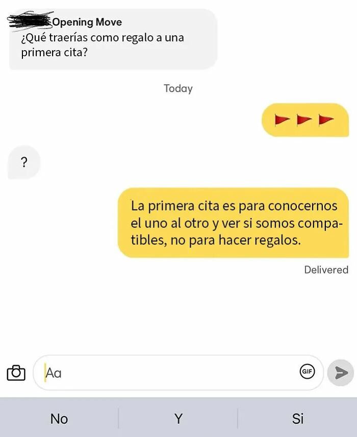 Chat sobre regalo para primera cita mostrando perspectiva realista sobre las relaciones en línea y comportamiento ilusorio.